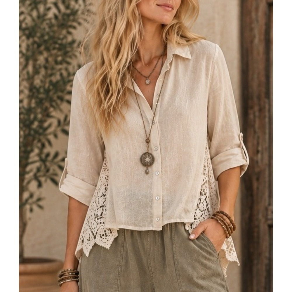 John Mark Womens Linen Lace Trim Button Down Shirt Medium Cream Boho Lagenlook
